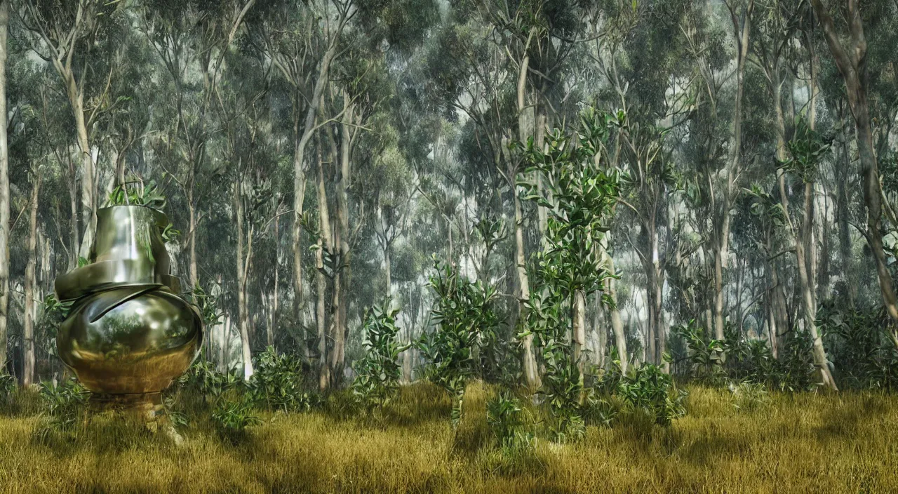 Image similar to a giant ceramic still distilling eucalyptus into green oil, amphora, eucalyptus forest background, vat, alchemical still, 3 d render, atmospheric, dynamic lighting, close up