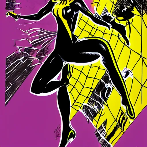 Prompt: black and yellow spiderman girl costume drawn by steve ditko comic book art style, 4 k digital art