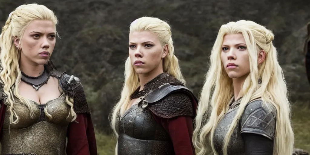 Prompt: Scarlett Johansson and Katheryn Winnick, with a scar and white hair, in the TV series Vikings