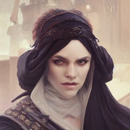 Image similar to dramatic pale rogue in black robes on a ship deck, fantasy, D&D, portrait, piercing stare, highly detailed, digital painting, artstation, concept art, matte, sharp focus, illustration, art by artgerm and greg rutkowski and alphonse mucha