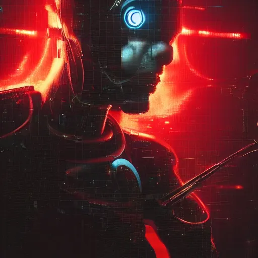 Prompt: concept art of a cyborg, cyberpunk, surrounded by smoke, award-winning art, black on red, hyperrealistic, by Sam Spratt, by Vlad Rodrig﻿u﻿e﻿z, computer screens in the background, trending on Artstation, dark, dramatic, cinematic, realistic studio lighting, realistic reflections, realistic light refractions, raytracing, 4k, professional, canon