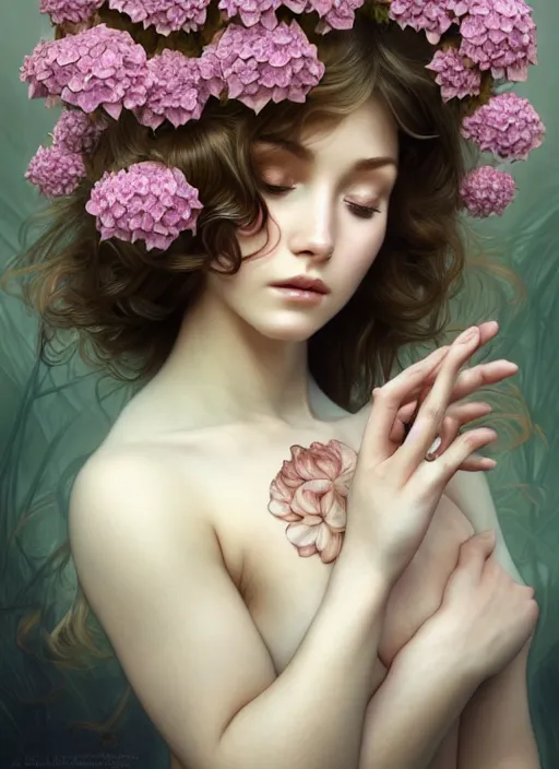 Image similar to a photographic portrait of a seductive sleeping anthropomorphic hydrangea blossom with a perfect face, fantasy, wind blowing hair, intricate, elegant, very very highly detailed, digital painting, artstation, concept art, smooth, super sharp focus, illustration, art by artgerm and h r giger and alphonse mucha