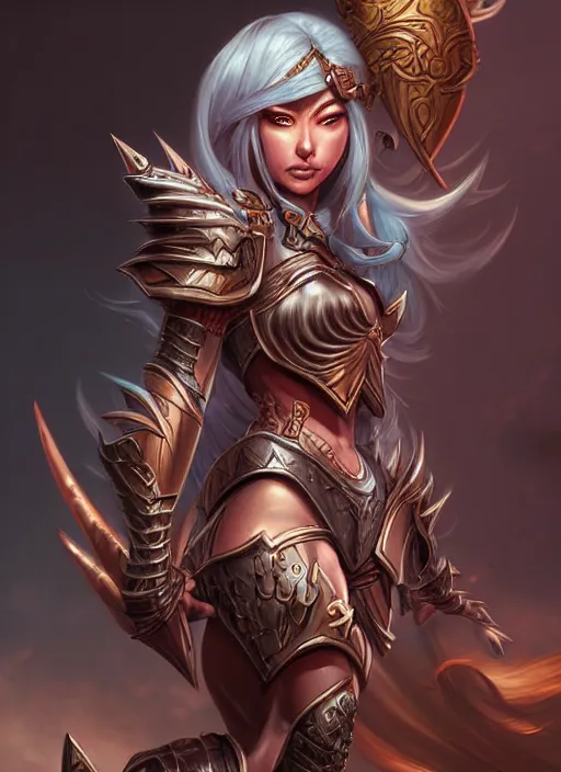 Prompt: sakimi chan, opprobrious fantasy armor, detailed face, dynamic lighting, tony sart