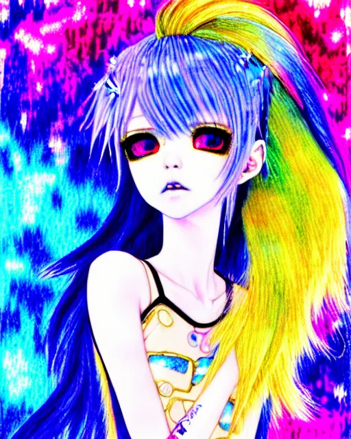 Image similar to neo tokyo japanese anime kawaii decora hologram of rimuru tempest, sky blue hair, golden yellow eyes, wearing black stylish clothing, holography, irridescent, baroque visual kei glitch art, a detailed pencil portrait with watercolor of a beautiful monster high doll, by sabrina eras, alice x. zhang, agnes cecile, blanca alvarez