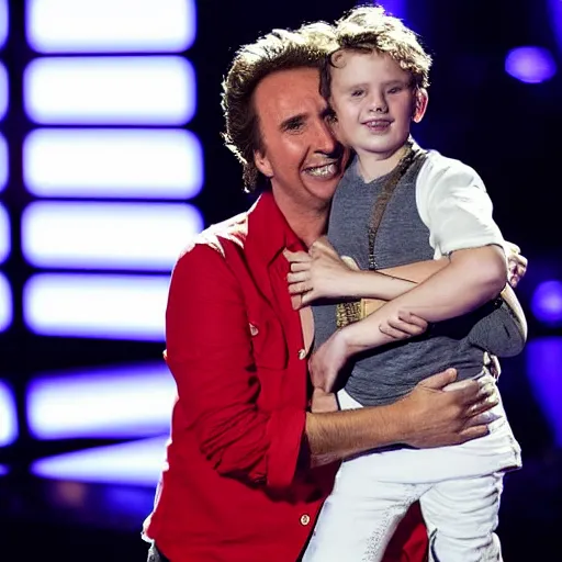 Prompt: marco borsato hugging young star on stage at the voice