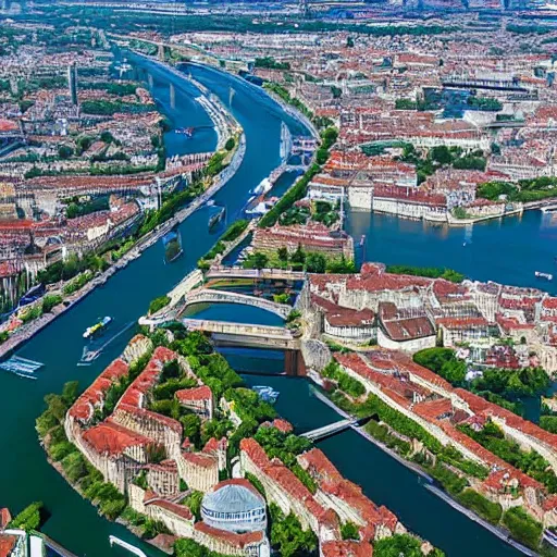 Prompt: aerial view of bordeaux, art concept, architectural, coherent, you can see the river and most known monuments, tropical mood, water is like a lagoon