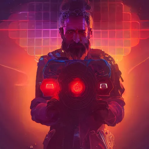 Prompt: portrait of fantasy wizard with a halo of red cubes, cinematic, intricate, abstract, artstation, greg rutkowski, dan mumford, wlop, beeple, octane render