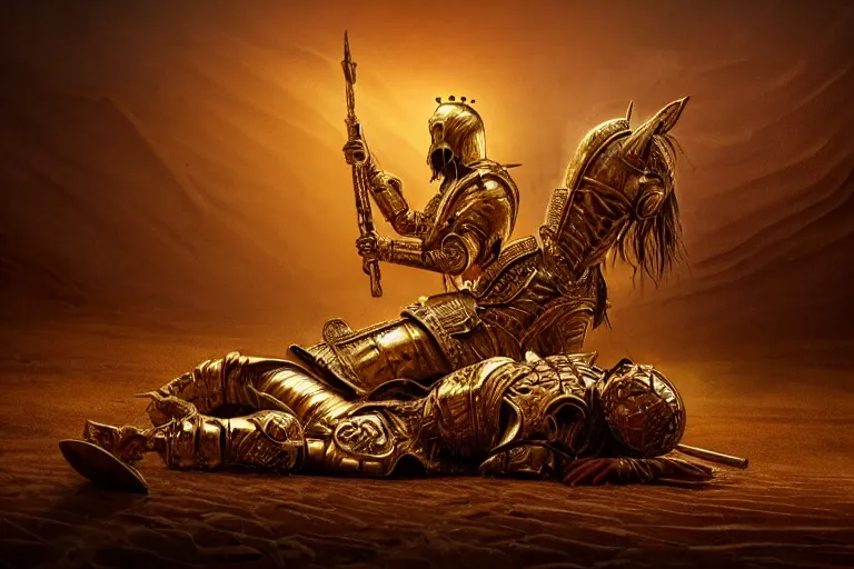 Image similar to the king in the desert dead on the ground, gold armour destroyed, killed, blood on gold sand, dark tragic scene, detailed scene, killed in war, fallen Crown, highly detailed, blood and dust, cinematic lighting, dramatic lighting, trending on artstation, elegant, intricate, tragedy, fantasy, D&D, highly detailed, digital painting, concept art