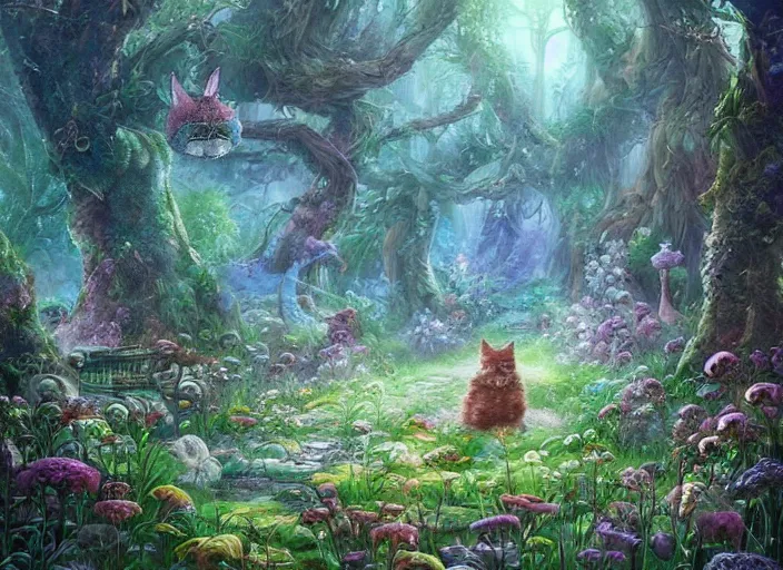 Prompt: magical fantasy forest, magical cat creatures, path traced, highly detailed, high quality, digital painting, by studio ghibli, lise deharme, alexander jansson, paul lehr, tim white, hans zatzka, george stubbs, louis wain