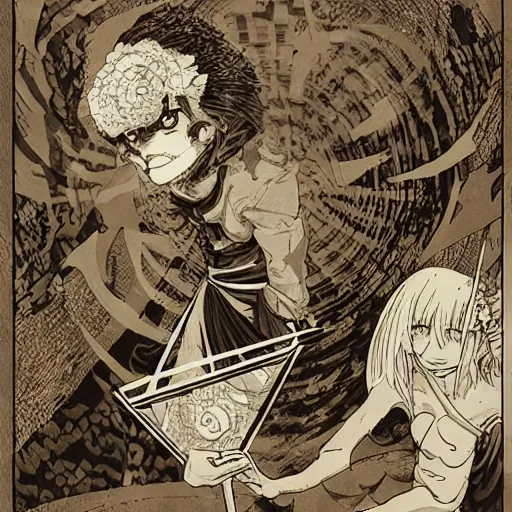 Image similar to precisely drawn illustration of anime monster den in mountain cave, old-fashioned tarot card, victorian playing card, sepia tone, wide angle, sharp, fine details, anime, manga, cyberpunk, intense line art, 8k, precise linework, realistic, shaded lighting by katsuhiro otomo ghost-in-the-shell, magali villeneuve, artgerm, rutkowski Jeremy Lipkin and Giuseppe Dangelico Pino and Michael Garmash and Rob Rey