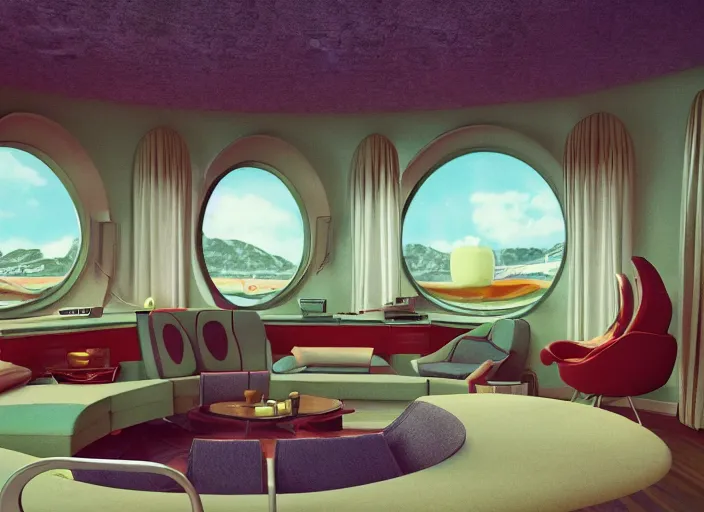 Prompt: a 1 9 7 0 s interior room googie architecture, highly detailed hyper real retro interior house, round windows, curved ceilings, retro futuristic, funky moon base interior lighting, artstation, octane, retro furniture, windows to city, television, retrocore, vray render 4 k by stanley kubrick, gerry anderson