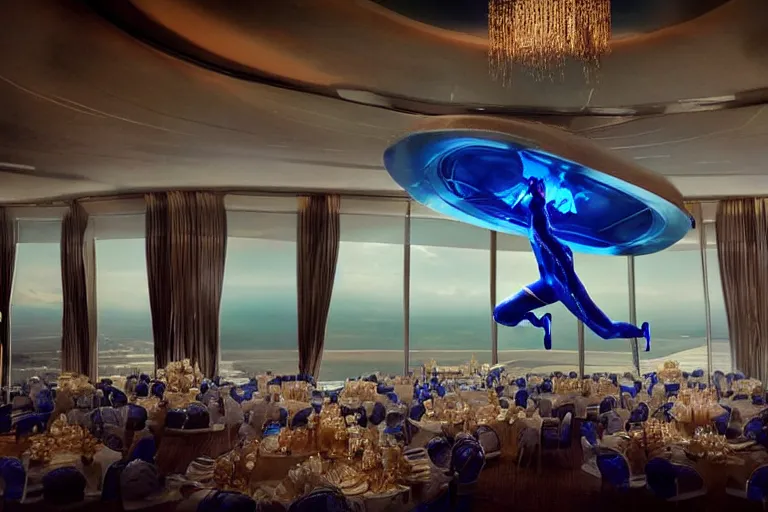 Image similar to vfx movie scene beautiful blue skin alien woman dancing in sleek futuristic decadent spaceship ballroom. giant windows view of earth obit. by emmanuel lubezki