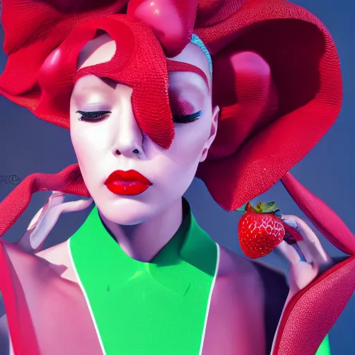 Image similar to strawberry inspired avant-garde art, deco fashion, highly detailed, photorealistic portrait, bright studio setting, studio lighting, crisp quality and light reflections, unreal engine 5 quality render