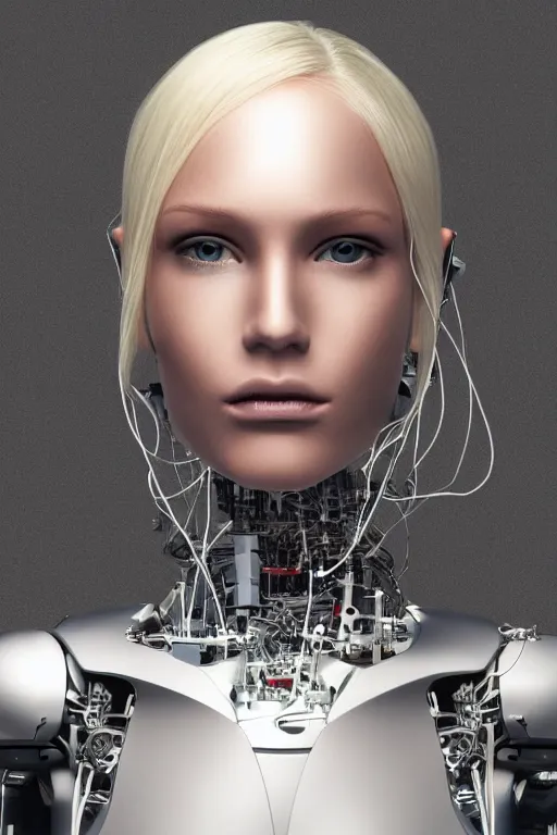 Image similar to robot with human face, female head, full body angle, woman human face, human face realistic, beautiful blonde hair, human head, human head with blonde hair, blonde hair human head, blonde hair, human realistic face, human head skin, cyborg frame concept, cyborg by ales-kotnik, sci-fi android female, the body is made of wires, robotic body, cyborg body, cyborg bust body, robot body cyborg, full body