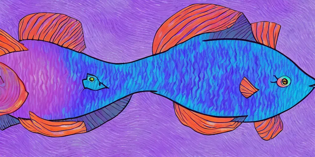 Image similar to A purple fish, swimming in a beautiful coral reef, Digital art, Concept art by Studio Ghibli and Pixar and Vincent Van Gogh