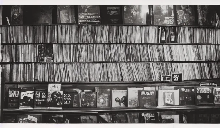 Prompt: a record store designed by gustave dore, 3 5 mm film, long shot