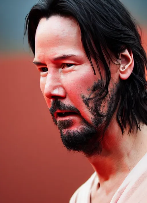 Prompt: close - up keanu reeves as a jedi master, perfect symmetrical face, a red sand desert, moody lighting, 8 k, shallow depth of field, intricate detail,