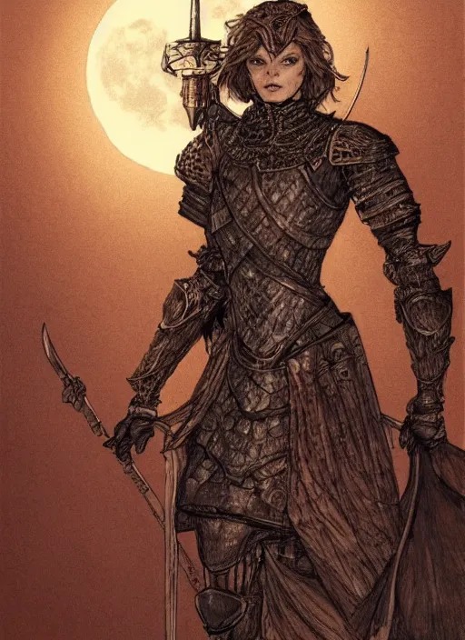 Image similar to elegant female knight in copper colored plate armor who looks like michelle pfeiffer, moonlight in the background, illustration by arthur rackham, soft lighting, HD, sharp focus, intricate, masterpiece, concept art, character design