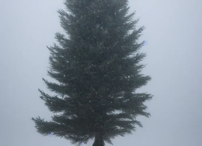 Image similar to a single fir tree in a desolate blizzard landscape, very foggy, out - of - focus lights in the background