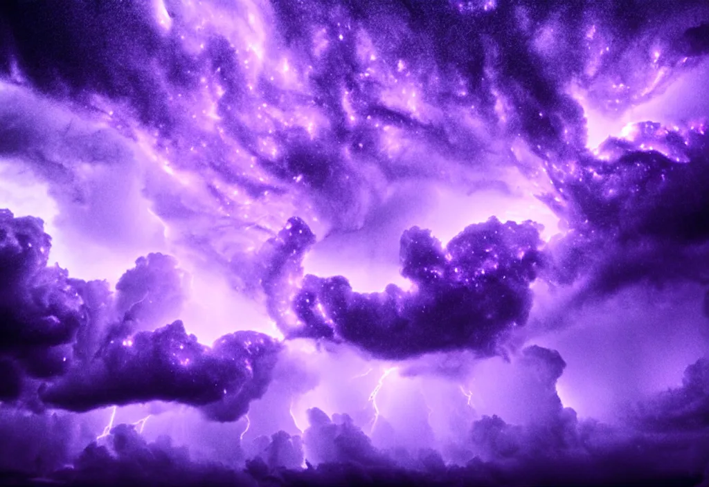 Image similar to purple color lighting storm with stormy sea a pirate ship trippy nebula sky