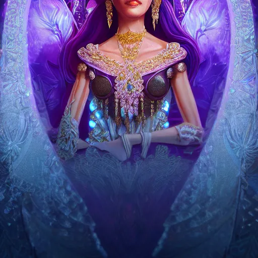 Image similar to portrait of princess of amethyst, glowing, ornate and intricate jewelry, jaw dropping beauty, glowing background lighting, white accent lighting, hyper detailed, fairy tale, 4 k octane render