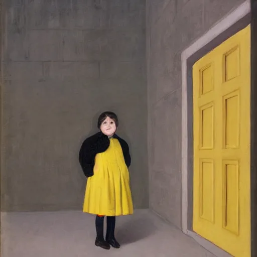 Image similar to a painting of a distant little girl with short black hair and wearing a yellow coat alone in the inner courtyard of an abbey by hopper and de chirico