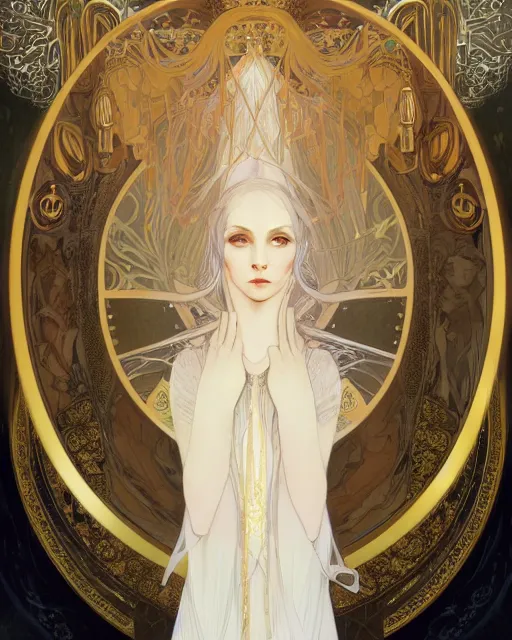 Prompt: portrait of a beautiful ethereal woman with pale hair and gold eyes wearing a flowing white and gold gown surrounded by wing motifs, ilya kuvshinov, greg rutkowski, alphonse mucha, kay nielsen, regal, elegant, detailed, digital painting, concept art