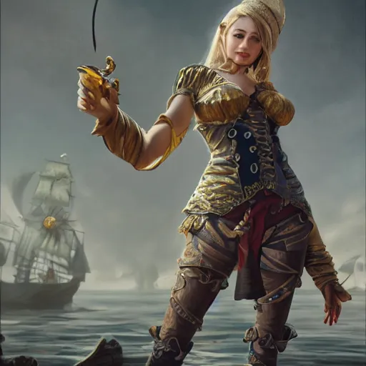 Prompt: detailed full body concept oil painting of a female pirate in beautifully designed clothing, cinematic lighting, hyperdetailed, cgsociety, 8k, high resolution, insanely detailed and intricate, octane render, golden ratio, vfx, postprocessing, freckles, alluring