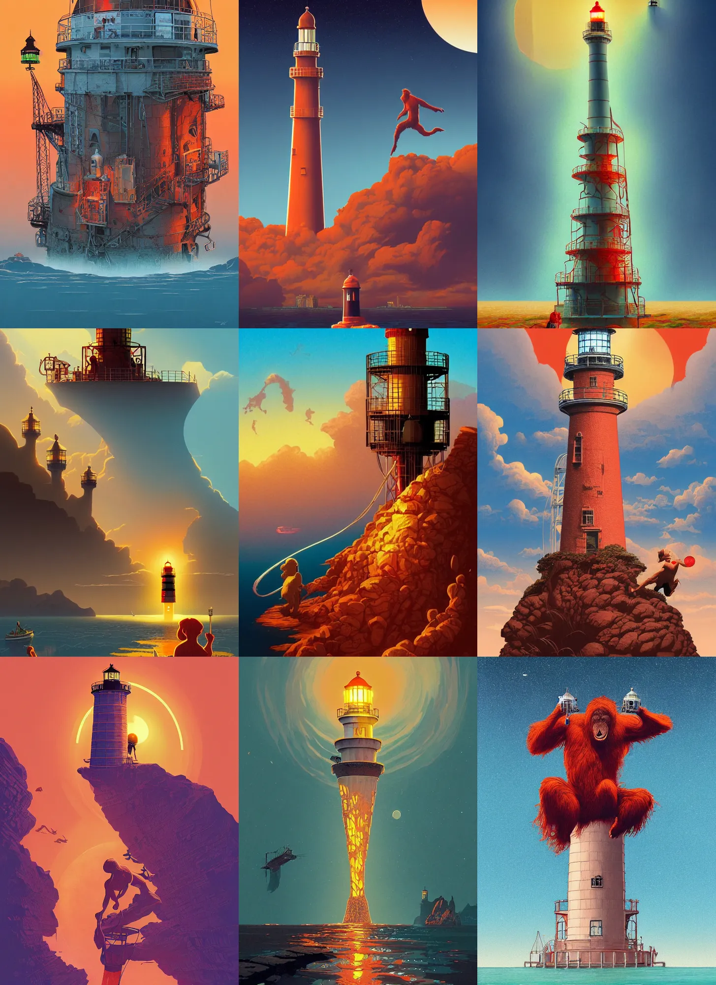 Prompt: travel poster artwork by michael whelan and tomer hanuka, rendering of red orangutan eating lighthouse as toast, high contrast, full of details, by makoto shinkai and thomas kinkade, matte painting, trending on artstation and unreal engine