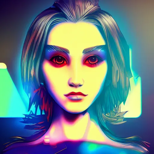 Image similar to the most original and beautiful profile picture on discord, symetrical, 4 k, beautiful gorgeous digital art, trending on artstation, dark, neon lights, colorful, joyful