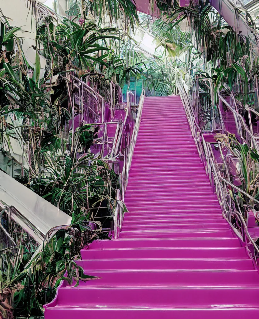 Prompt: 1980s color magazine photo of an escalator in an abandoned mall, with interior potted palm trees, and pink walls, decaying dappled sunlight, cool purple lighting