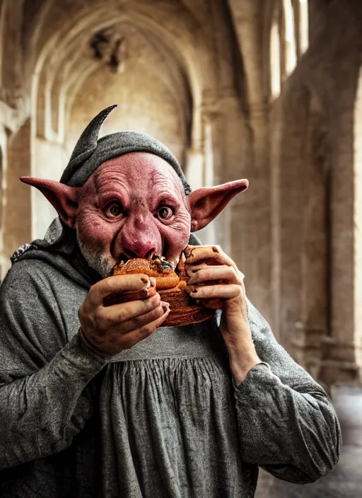 Image similar to closeup portrait of a medieval goblin eating cakes in the cloisters, depth of field, zeiss lens, detailed, symmetrical, centered, fashion photoshoot, by Annie Leibovitz and Steve McCurry, David Lazar, Jimmy Nelsson, Breathtaking, 8k resolution, extremely detailed, beautiful, establishing shot, artistic, hyperrealistic, beautiful face, octane render