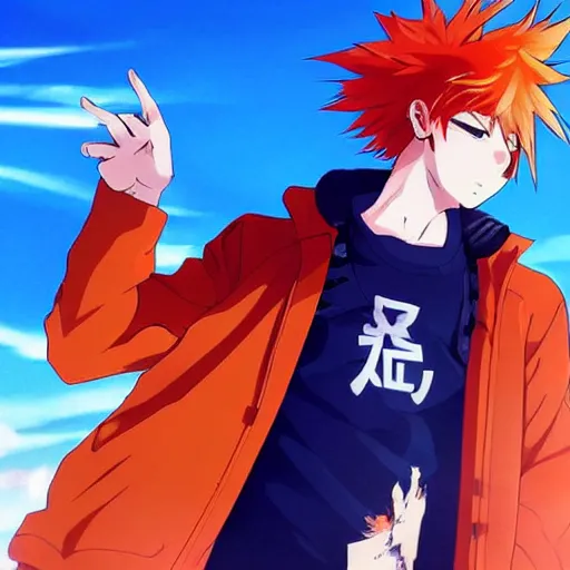 Image similar to orange - haired anime boy, 1 7 - year - old anime boy with wild spiky hair, wearing red jacket, flying through sky, ultra - high jump, late evening, blue hour, cirrus clouds, pearly sky, ultra - realistic, sharp details, subsurface scattering, blue sunshine, intricate details, hd anime, 2 0 1 9 anime