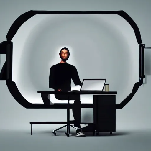 Image similar to beautiful cinematic hyperrealistic portrait with cinematic shadows and lights where a work appears sitting typing on a computer happy