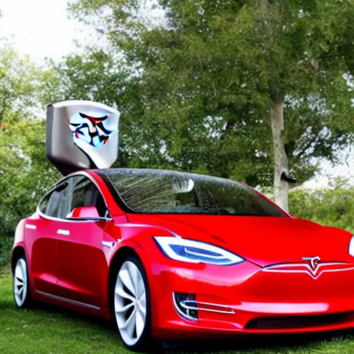 Image similar to a lifesize red tesla 3 made of lizards