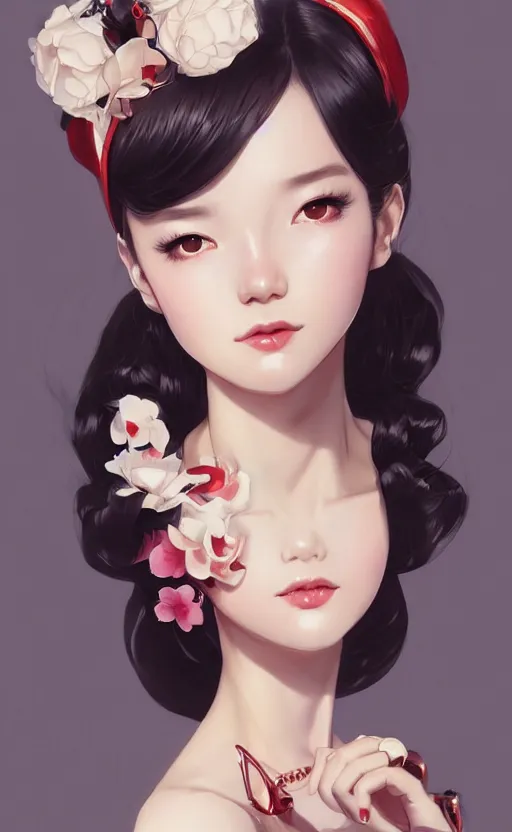 Image similar to a pin up and beautiful fashion and charming and dreamlke japan girl with lv jewelry, character art, art by artgerm lau and kyoung hwan kim and and ilya kuvshinov and john singer sargent, hyperdetailed, 8 k realistic, symmetrical, frostbite 3 engine, cryengine, dof, trending on artstation, digital art