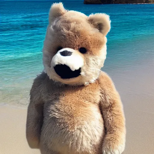 Image similar to an adorable fierce furry monster that looks like a very chubby wolf rabbit ears and teddy bear body, Smiling at the camera with a mischievous grin, happy lighting, at a tropical beach