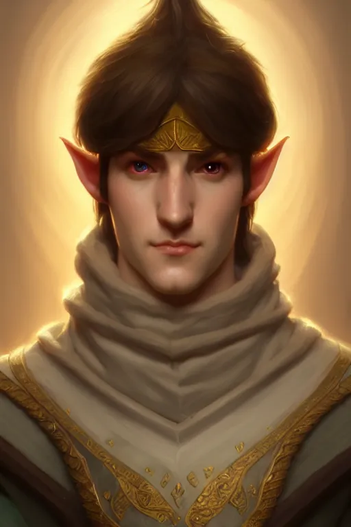 Prompt: a portrait of a fantasy male elf, bored, illustration, soft lighting, soft details, painting oil on canvas by Edmund Blair Leighton and Charlie Bowater octane render trending on artstation d&d characters, 4k, 8k, HD