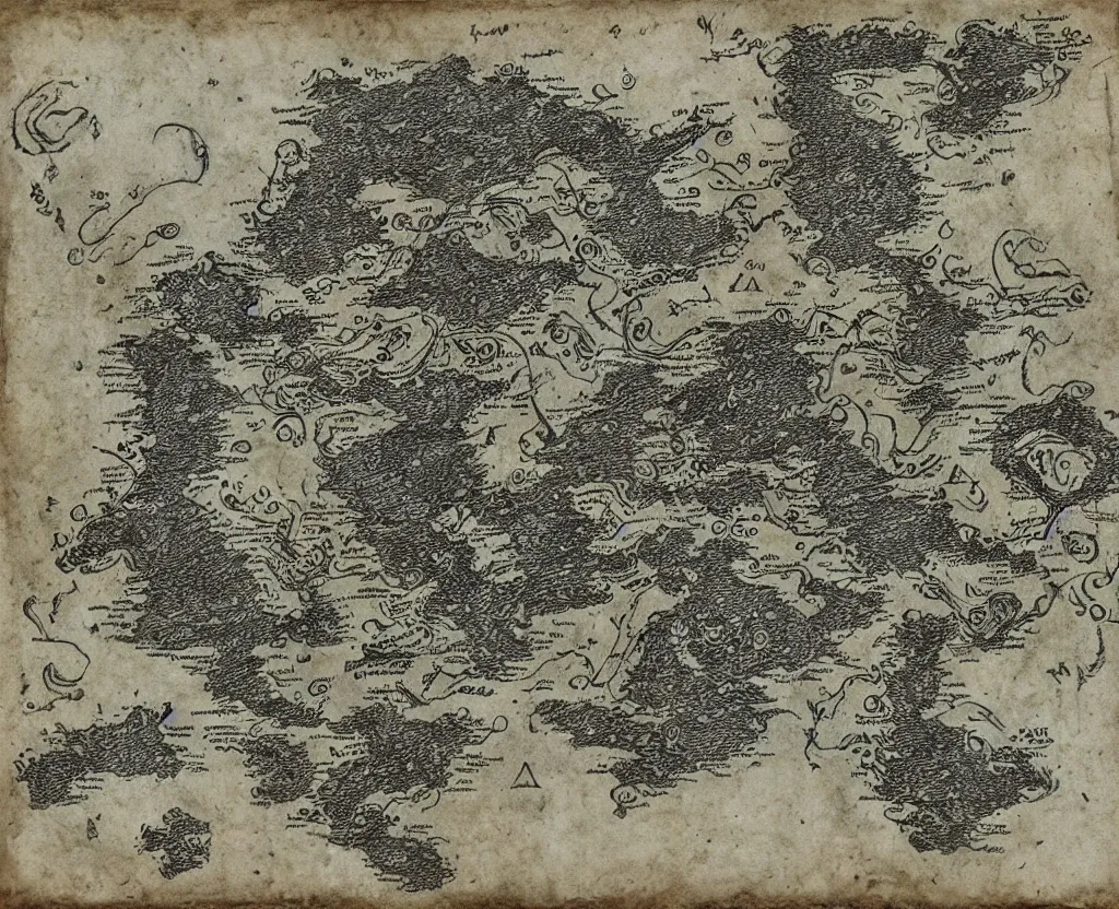 Prompt: ancient fantasy regional map, magical, etching, intaglio, mountains and oceans, on old parchment paper,