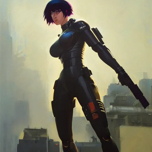 Image similar to greg manchess portrait painting of invisible armored motoko kusanagi as overwatch character, medium shot, asymmetrical, profile picture, organic painting, sunny day, matte painting, bold shapes, hard edges, street art, trending on artstation, by huang guangjian, gil elvgren, ruan jia, greg rutkowski, gaston bussiere