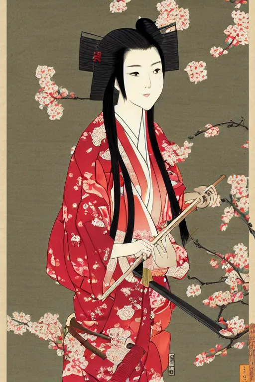 Image similar to portrait of a long haired woman wearing a red kimono playing a biwa in traditional japanese house, feudal japan, delicate, detailed long black hair, detailed flower pattern kimono, elegant, anime key visual, fukaya yuichiro