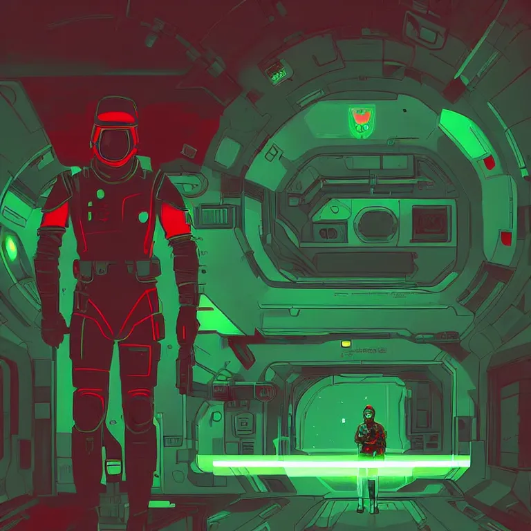 Prompt: A soldier wearing red armor with green lights, high-tech red armor, green visor, green lights, sci-fi soldier, inside a space station, dark space station, dark moods, art by James Gilleard, James Gilleard artwork, vintage