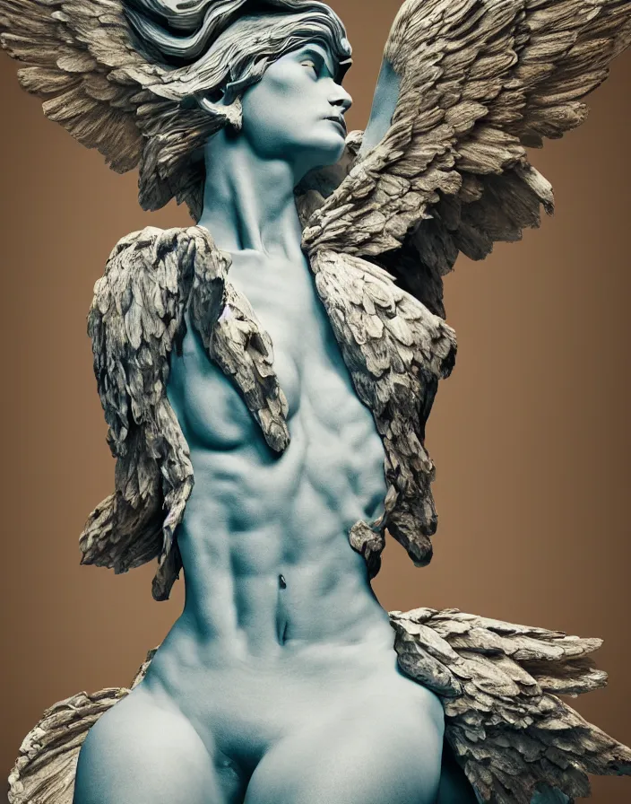 Prompt: positing on rock woman in form of sculpture Winged Victory of Samothrace with many biomechanical details, full lenght view. white plastic, skull, muscles, tumors, veins, biomech. Vogue magazine. halo. octane rendering, cinematic, hyperrealism, octane rendering, 8k, depth of field, bokeh. iridescent accents. vibrant. teal gold and red color scheme