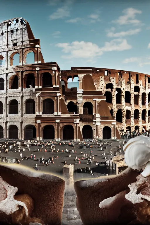 Prompt: a huge ice cream on top of the Colosseum, photorealistic, cinematic lighting, high detail, cinematic feel, high octane, 4K, Unreal Engine