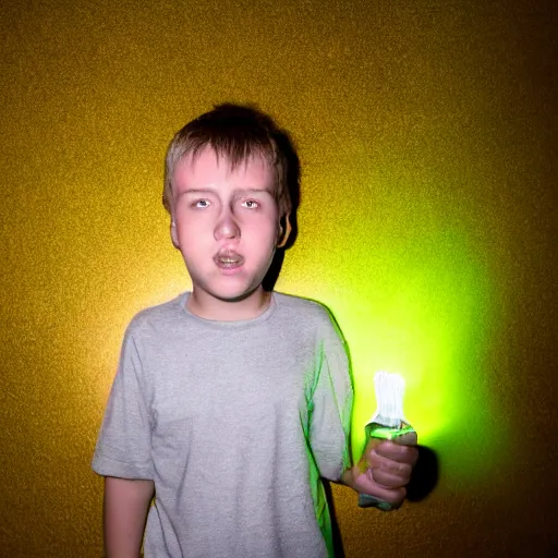 Image similar to a young boy with face lit by green glow at midnight, atmospheric epic award winning photo with volumetric cinematic lighting