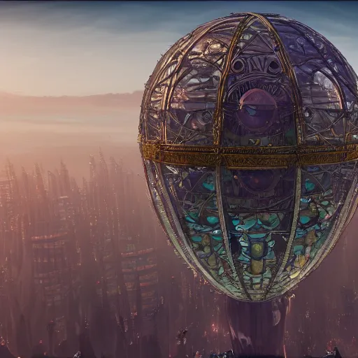 Image similar to enormous flying city in a faberge egg, sky, steampunk, fantasy art, masterpiece, unreal engine