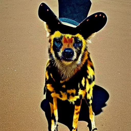 Image similar to A photo of the world's greatest sheriff: an african painted dog wearing a sombrero!