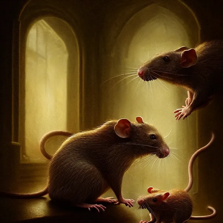 Image similar to epic professional digital art of imposing hungry rats, faint golden moody atmospheric lighting, painted, intricate, detailed, detailed, foreboding, by leesha hannigan, wayne haag, reyna rochin, ignacio fernandez rios, mark ryden, iris van herpen,, epic, stunning, gorgeous, much wow, cinematic, masterpiece.