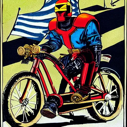Image similar to judge dredd riding a bicycle in style of futurism