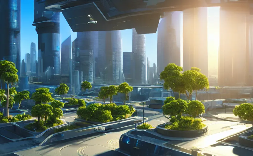 prompthunt: Sunrise over solarpunk city, many trees and plants, archdaily,  straight lines, many flying cars, busy streets filled with pedestrians, sun  rays, vines, vertical gardens, utopia, beautiful glass and steel  architecture, extreme